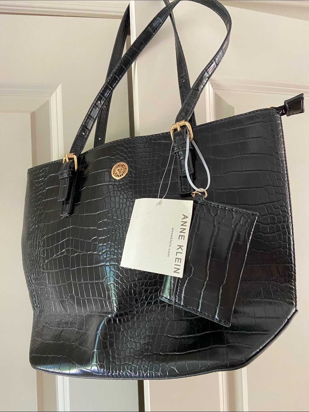 Anne Klein Black Croc Tote Shoulder Bag with Gold Accents